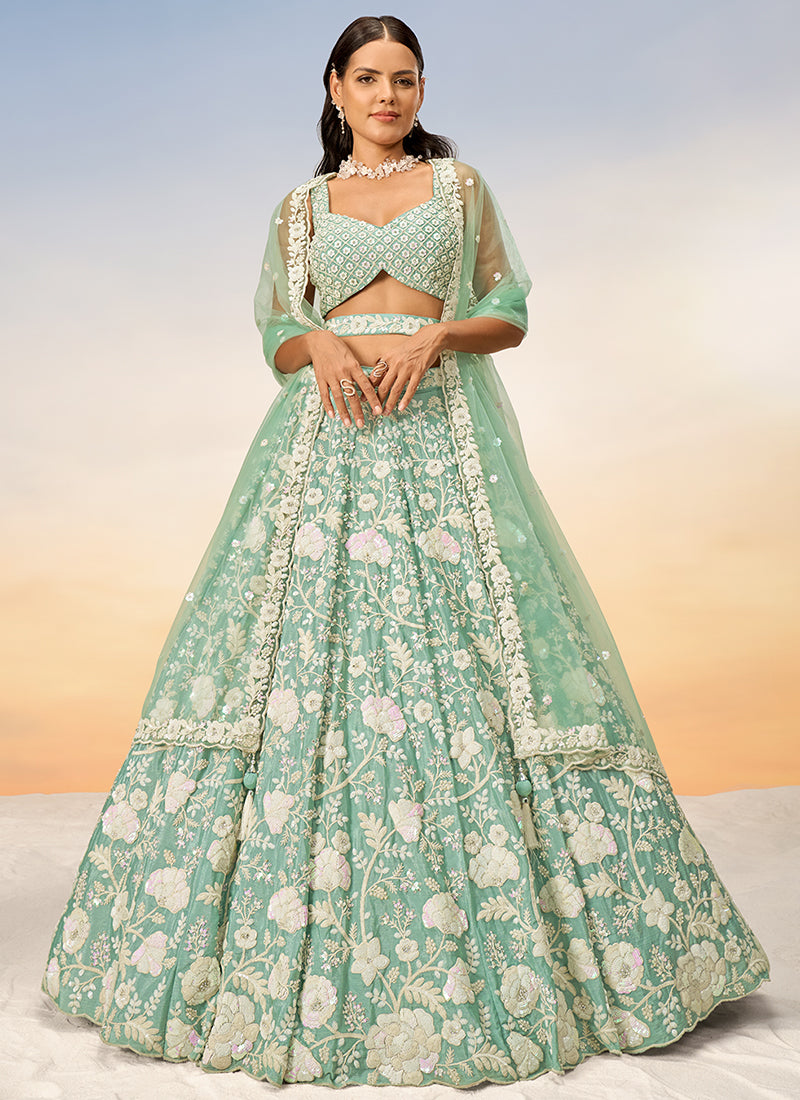 Buy Sage Green Sequence Embroidery Bridal Lehenga Choli For Indian Wedding Online | Hatkay Buy Sage Green Sequence Embroidery Bridal Lehenga Choli For Indian Wedding Online | Hatkay