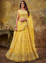 Golden Yellow Sequence Embroidery Lehenga Choli For Wedding