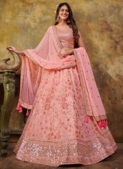 Peach Multi Sequence Embroidery Lehenga Choli For Wedding
