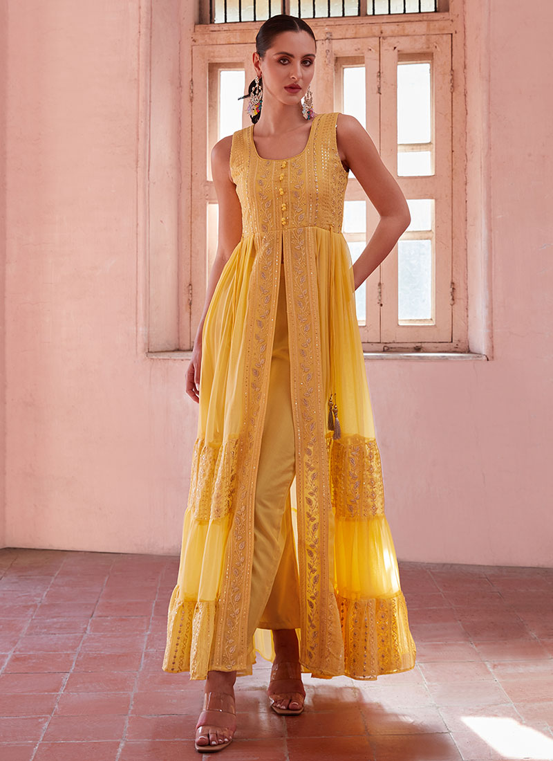 Shop Yellow Thread And Sequence Embroidery Slit Style Anarkali Pant Suit Shop Yellow Thread And Sequence Embroidery Slit Style Anarkali Pant Suit