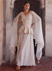 Off White Sequence Embroidery Chikankari Sharara Suit