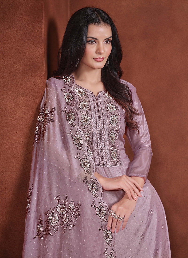 Lavender Embroidery Traditional Pant Suit