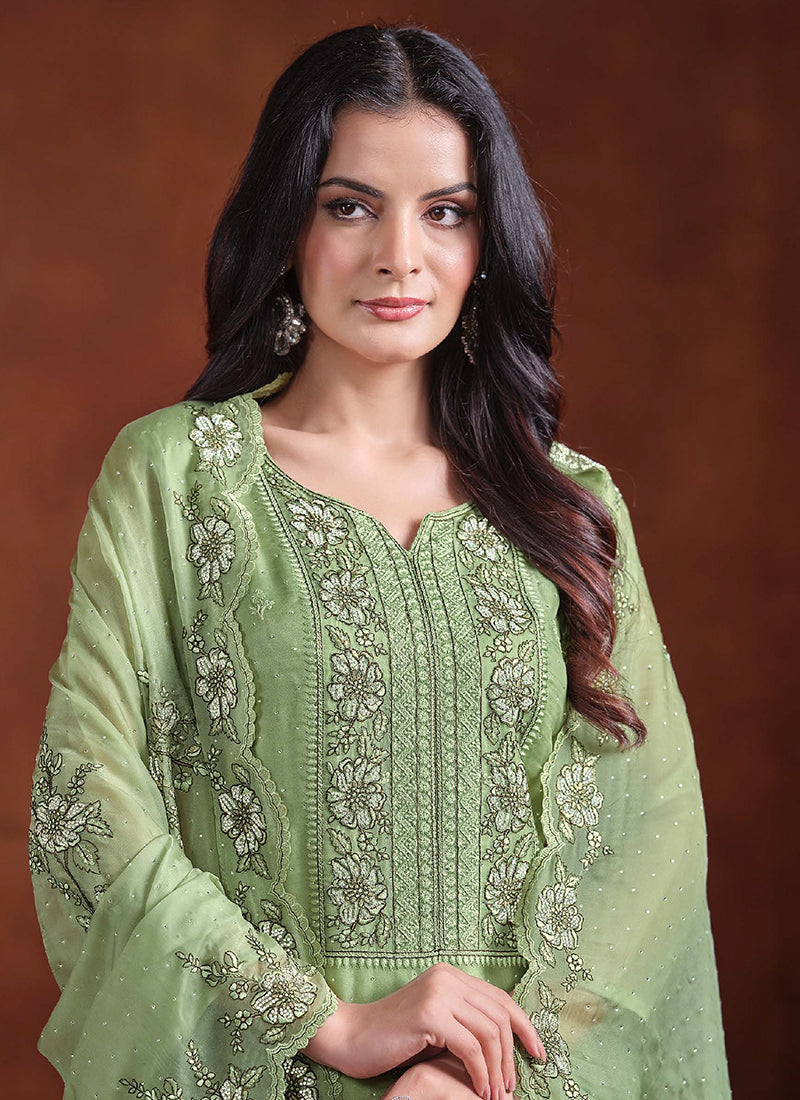 Light Green Embroidery Traditional Pant Suit
