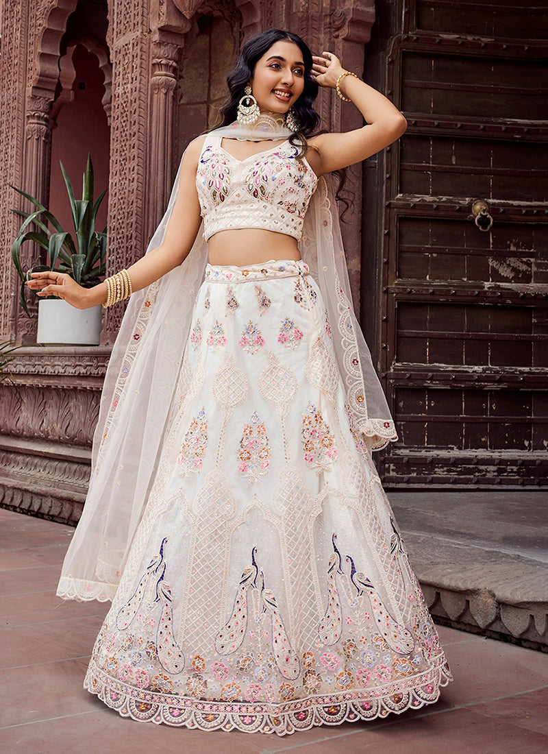 Pearl White Multi Embroidery Festive Lehenga Choli