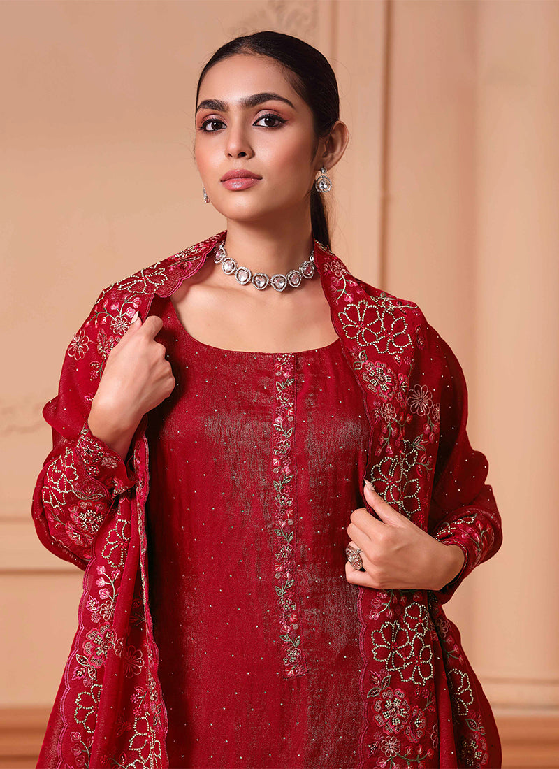 Cherry Red Floral Embroidery Salwar Kameez Suit