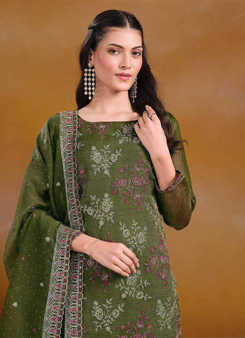 Green Embroidered Traditional Pant Style Suit