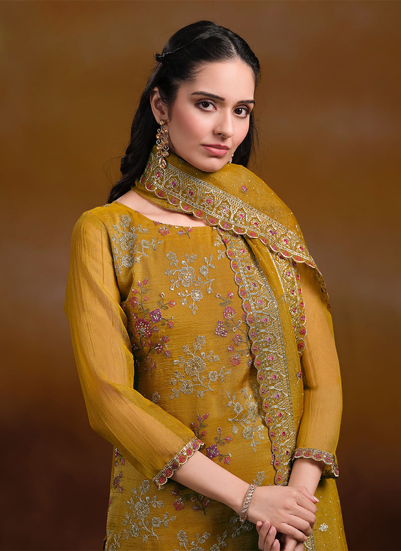 Yellow Embroidered Traditional Pant Style Suit