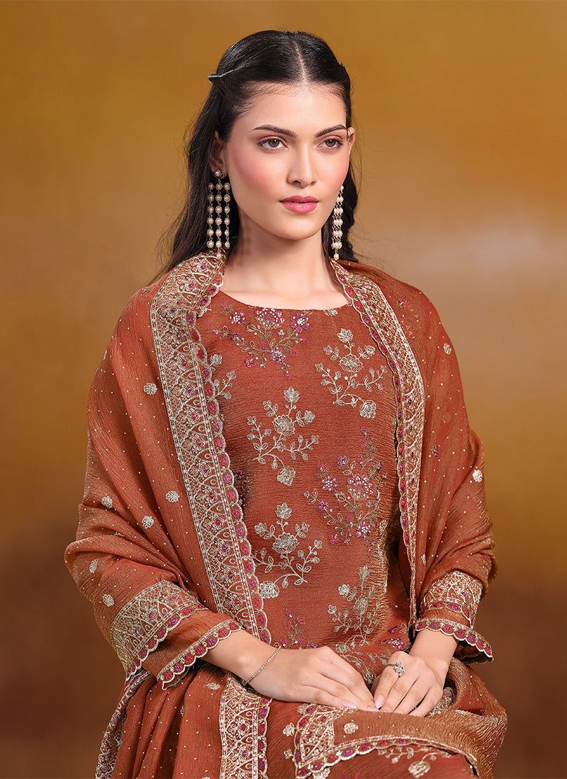 Rust Orange Embroidered Traditional Pant Style Suit