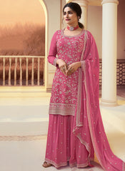 Pink Sequence And Thread Embroidery Palazzo Suit