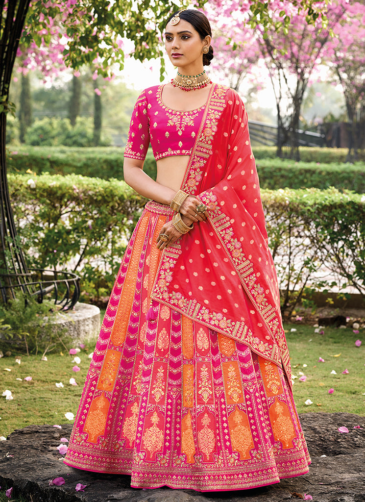 Pink And Orange Embroidered Bridal Lehenga Choli