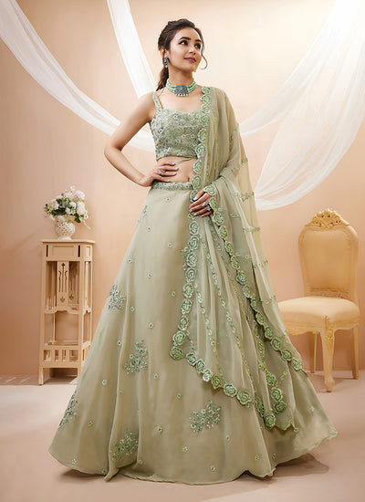 Pista Green Embroidered Georgette Lehenga Choli