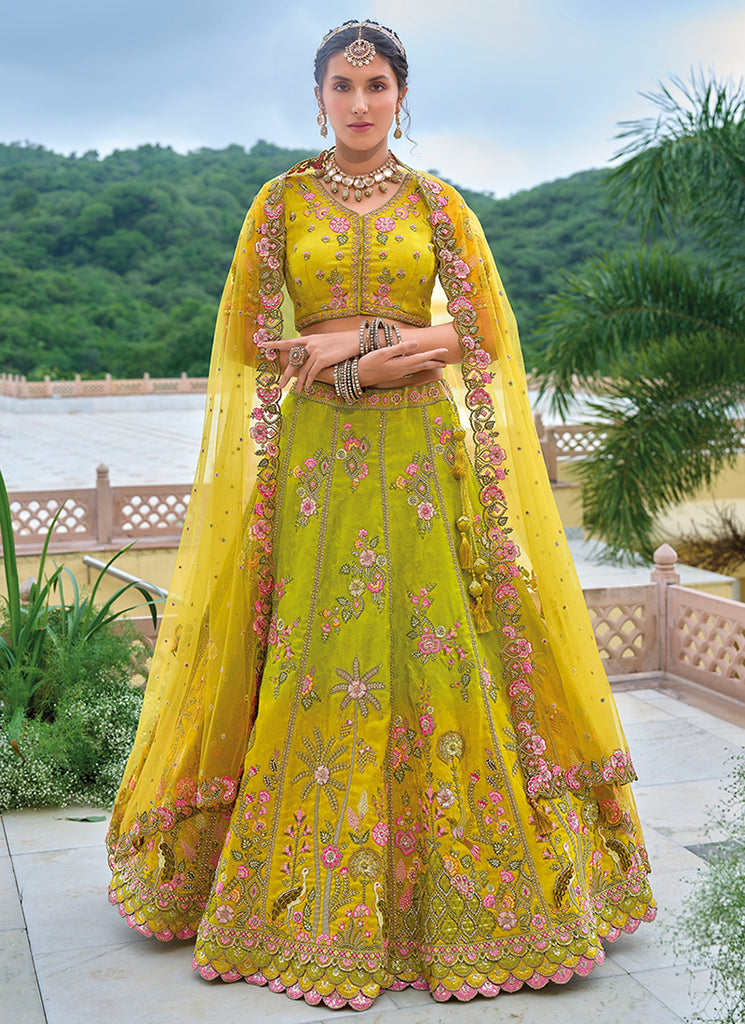 Green And Yellow Floral Embroidered Bridal Lehenga Choli