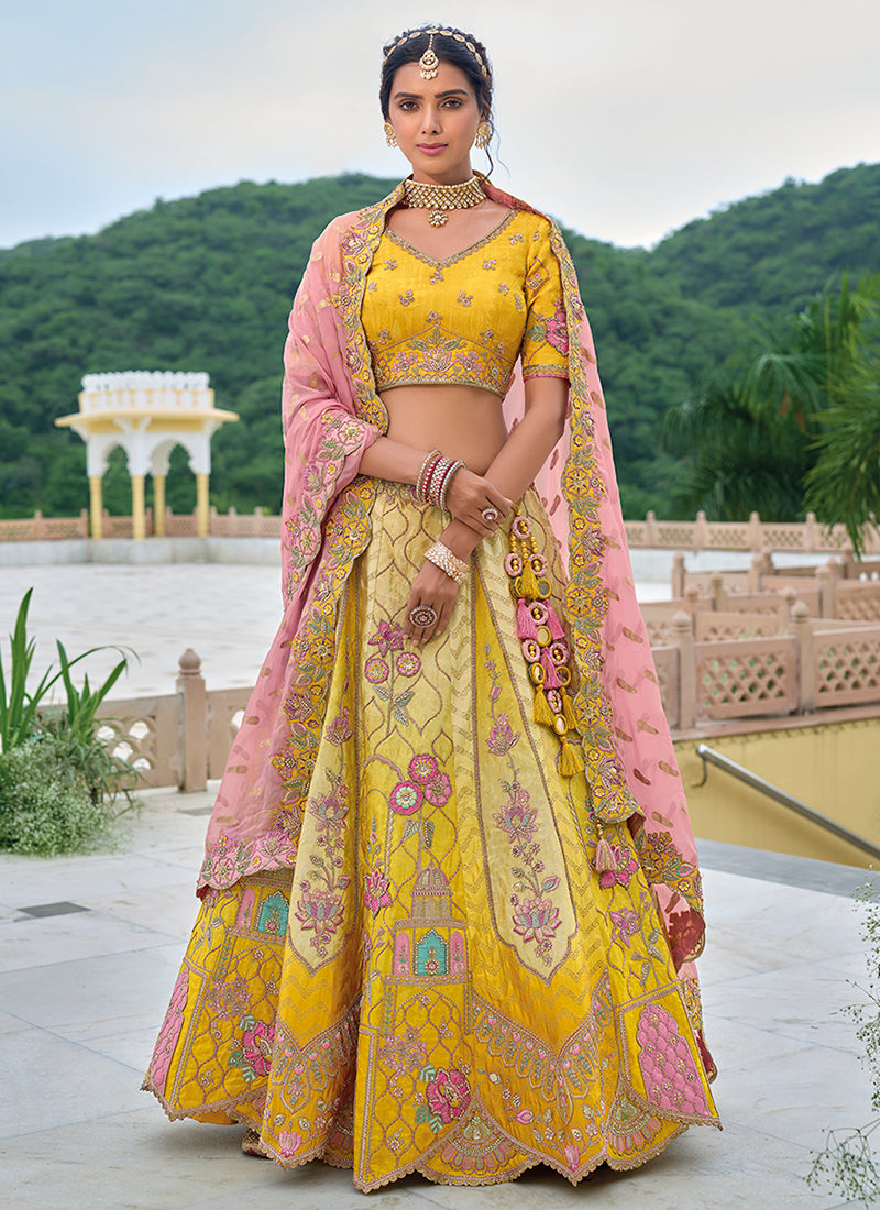 Yellow And Pink Floral Embroidered Bridal Lehenga Choli