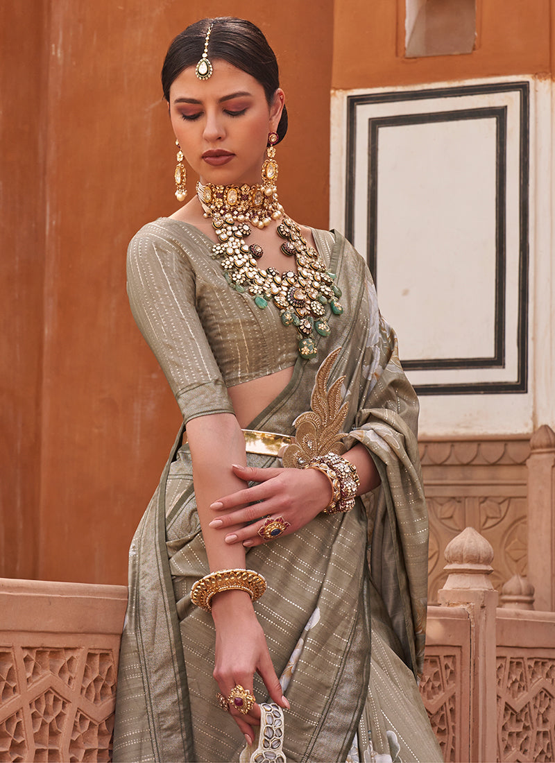 Fancy Multi Green Luxe Net Fabric Designer Saree