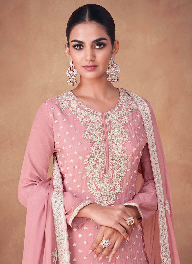 Classic Pink Gharara Style Embroidered Peplum Suit main image 1