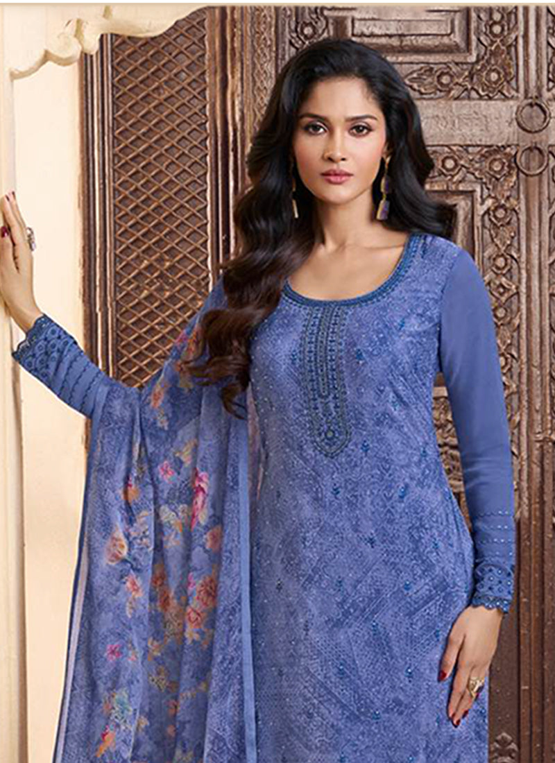 Blue Embroidered Pakistani Pant Suit
