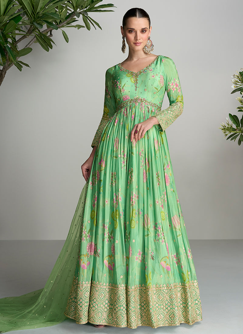 Light Green Floral Printed Handwork Embroidered Anarkali Gown