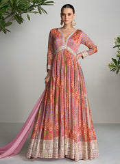 Pink Floral Printed Handwork Embroidered Anarkali Gown