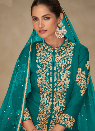 Turquoise Embroidered Short Kurti And Sharara