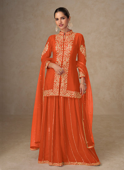 Orange Embroidered Short Kurti And Sharara