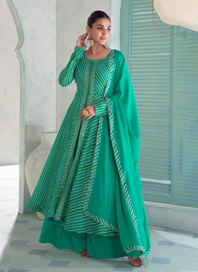Turquoise Embroidery Slit Style Anarkali Palazzo Suit