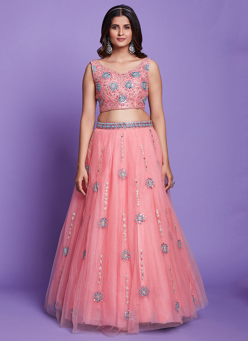 Peach Mirror Work Embroidery Lehenga Choli In USA Canada California