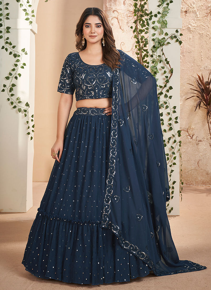 Blue Sequence Embroidery Wedding Lehenga Choli And Dupatta