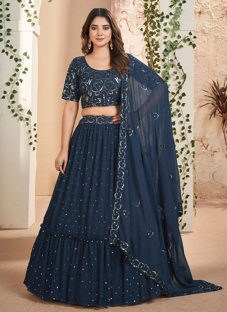 Blue Sequence Embroidery Wedding Lehenga Choli And Dupatta