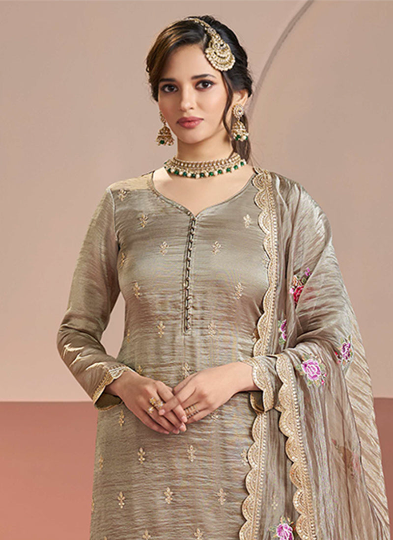 Beige Brown Embroidery Festive Salwar Kameez