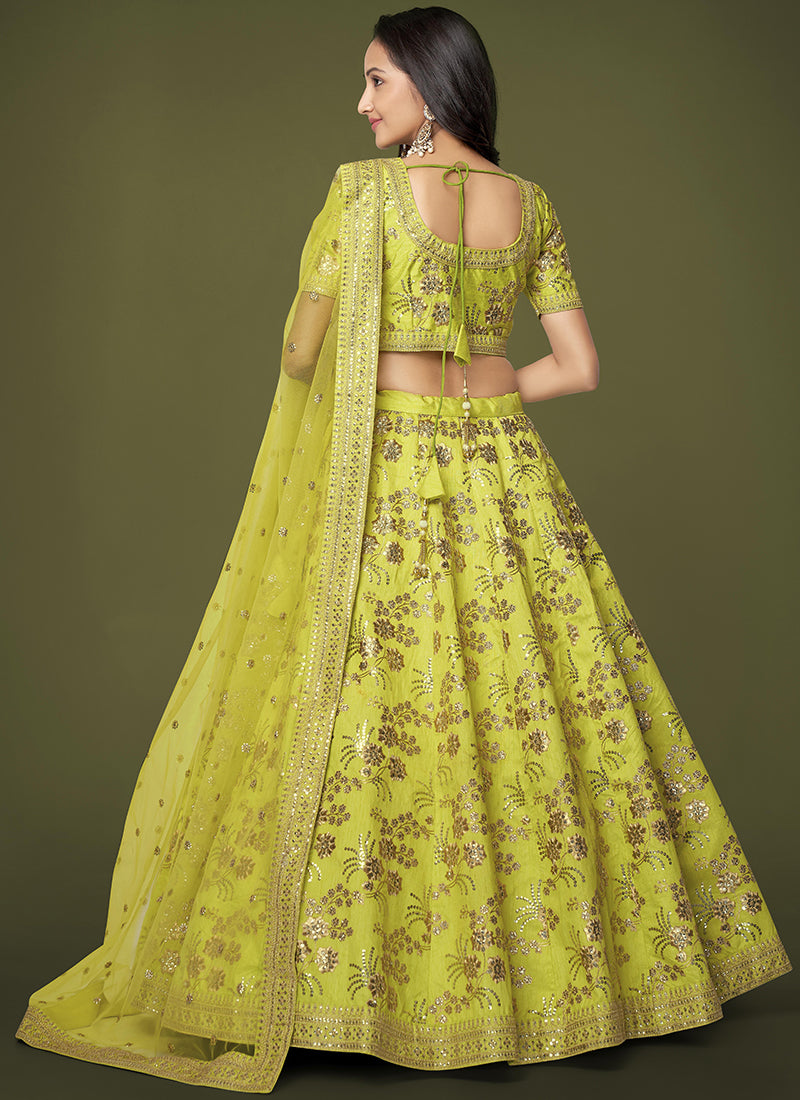 Buy Designer Lehengas Lime Green Sequence Embroidery Festive Lehenga