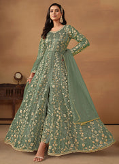 Teal Blue Cording Embroidery Slit Style Anarkali Pant Suit