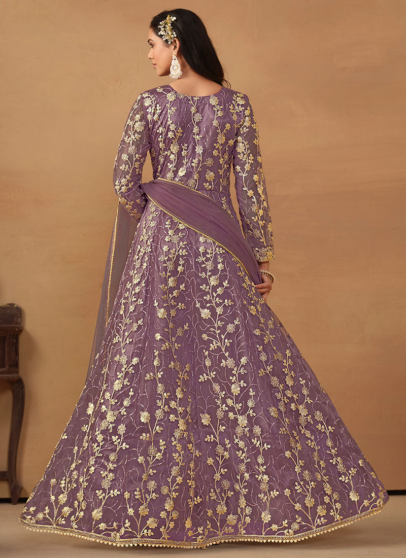 Purple Anarkali style Anarkali Semi-Stitched Suits