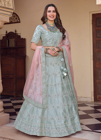 Sky Blue Multi Embroidery Wedding Lehenga Choli With Dupatta