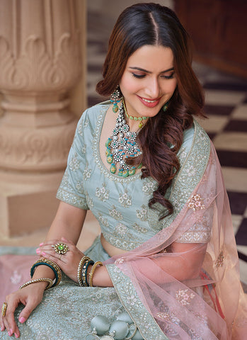 Sky Blue Multi Embroidery Wedding Lehenga Choli With Dupatta