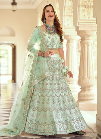 Mint Green Multi Embroidery Wedding Lehenga Choli With Dupatta