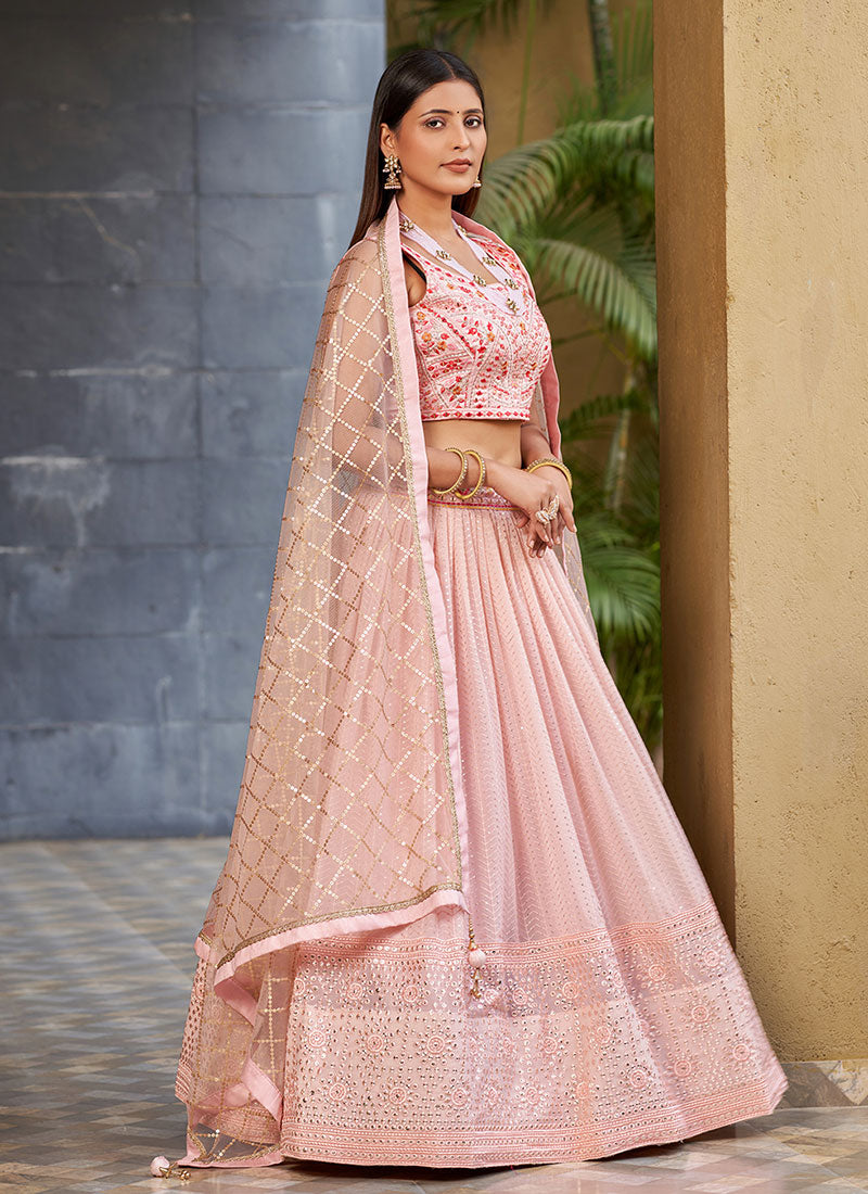 Pink Multi Sequence Embroidery Lehenga Choli And Dupatta