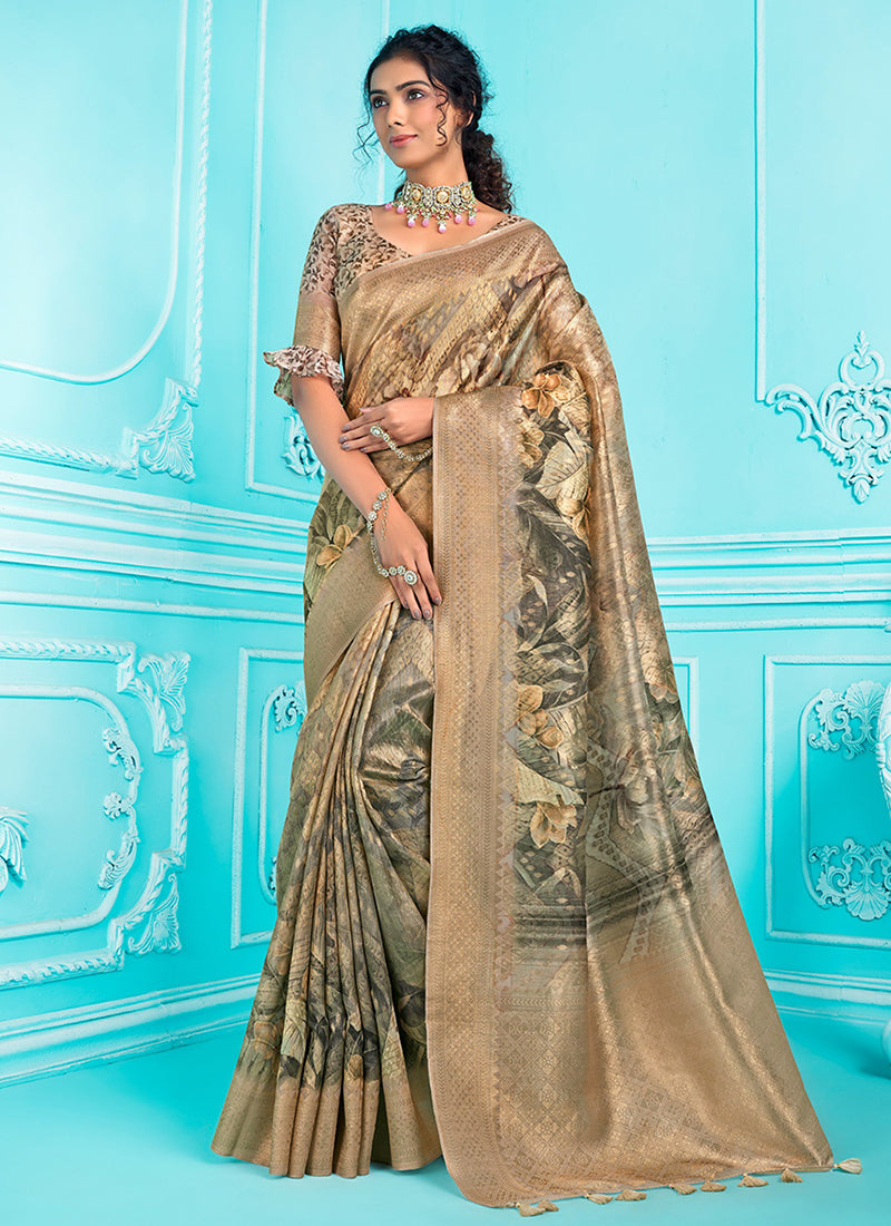 Olive Green Floral Digital Printed Organza Silk Saree