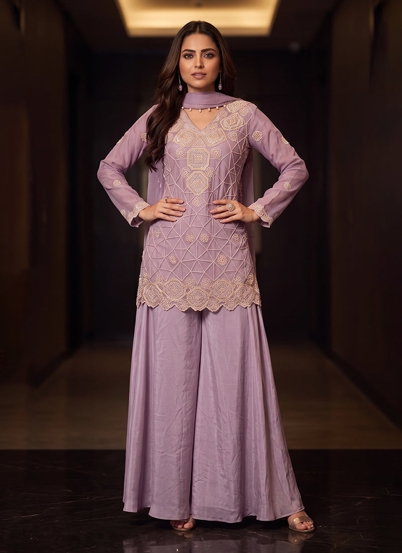 Mauve Purple Embroidered Palazzo Suit