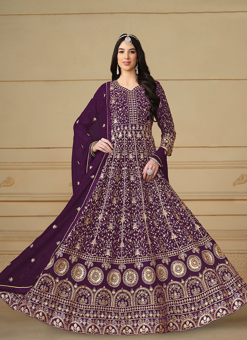 Purple Embroidery Sequence Work Crunchy Silk Anarkali Gown With Pant & Dupatta Set main image 1