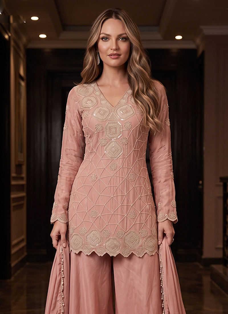 Dusty Rose Embroidered Palazzo Suit