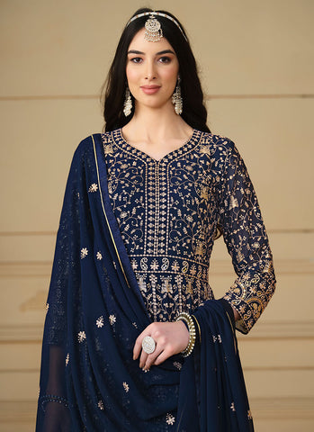Navy Blue Sequence Embroidery Georgette Anarkali Suit