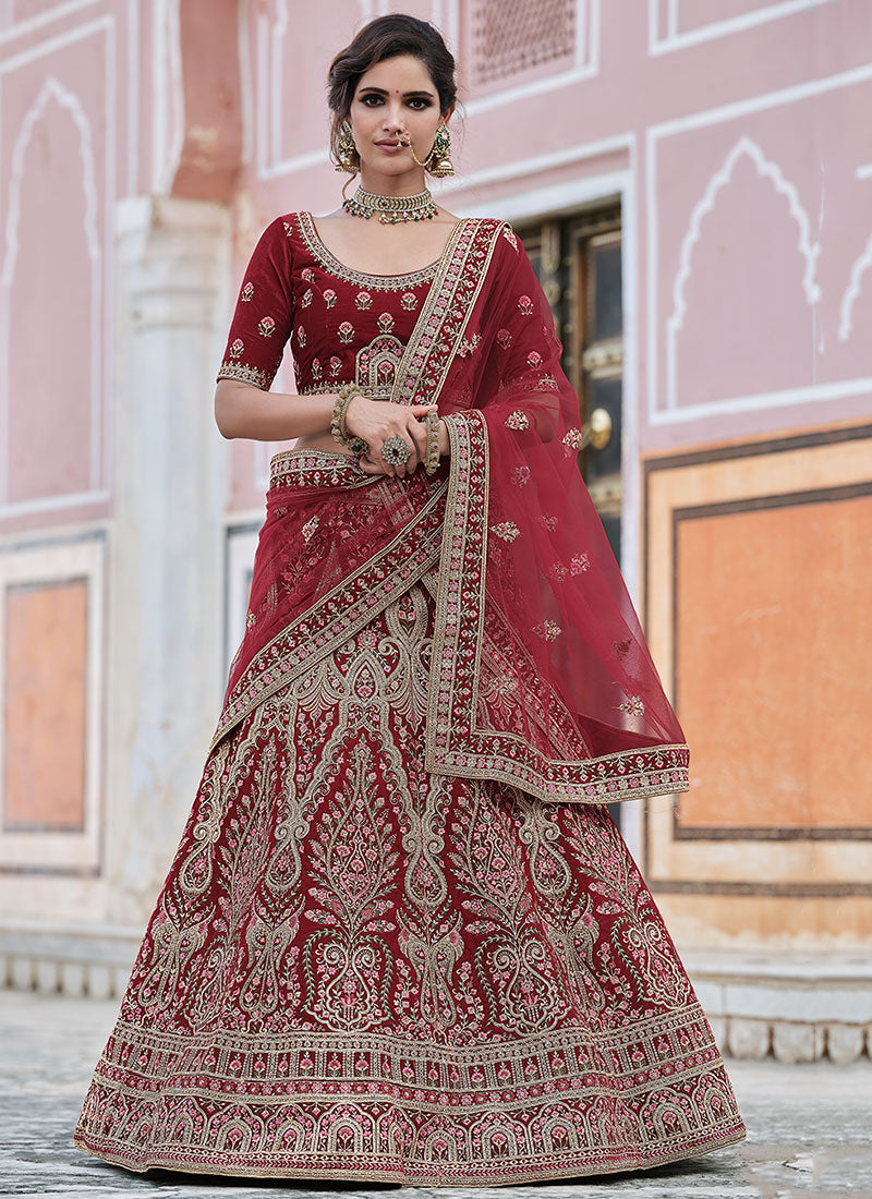 Bright Red Zari And Zarkan Embroidered Lehenga Choli And Dupatta