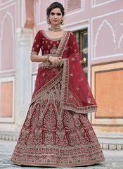 Bright Red Zari And Zarkan Embroidered Lehenga Choli And Dupatta