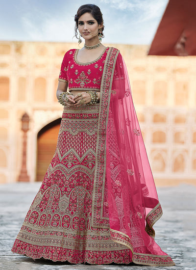 Hot Pink Zari And Zarkan Embroidered Lehenga Choli And Dupatta