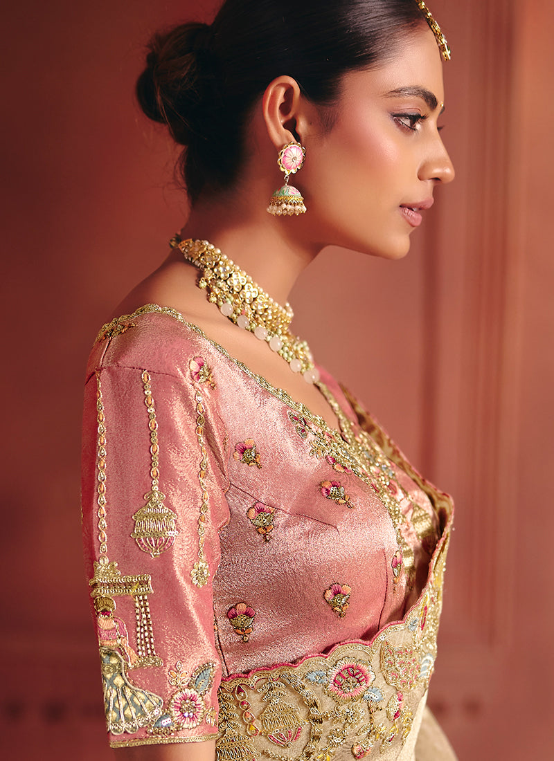 Cream and Pink Multi Embroidery Wedding Silk Saree