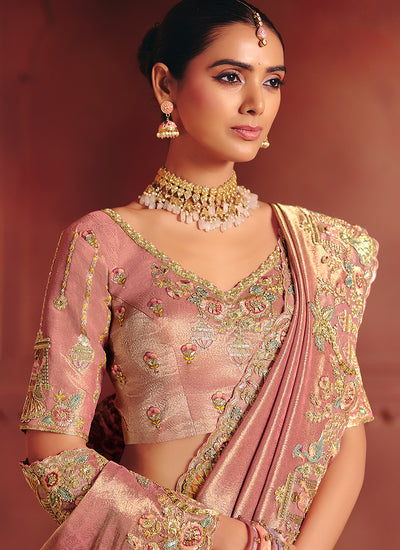 Rose Pink Multi Embroidery Wedding Silk Saree