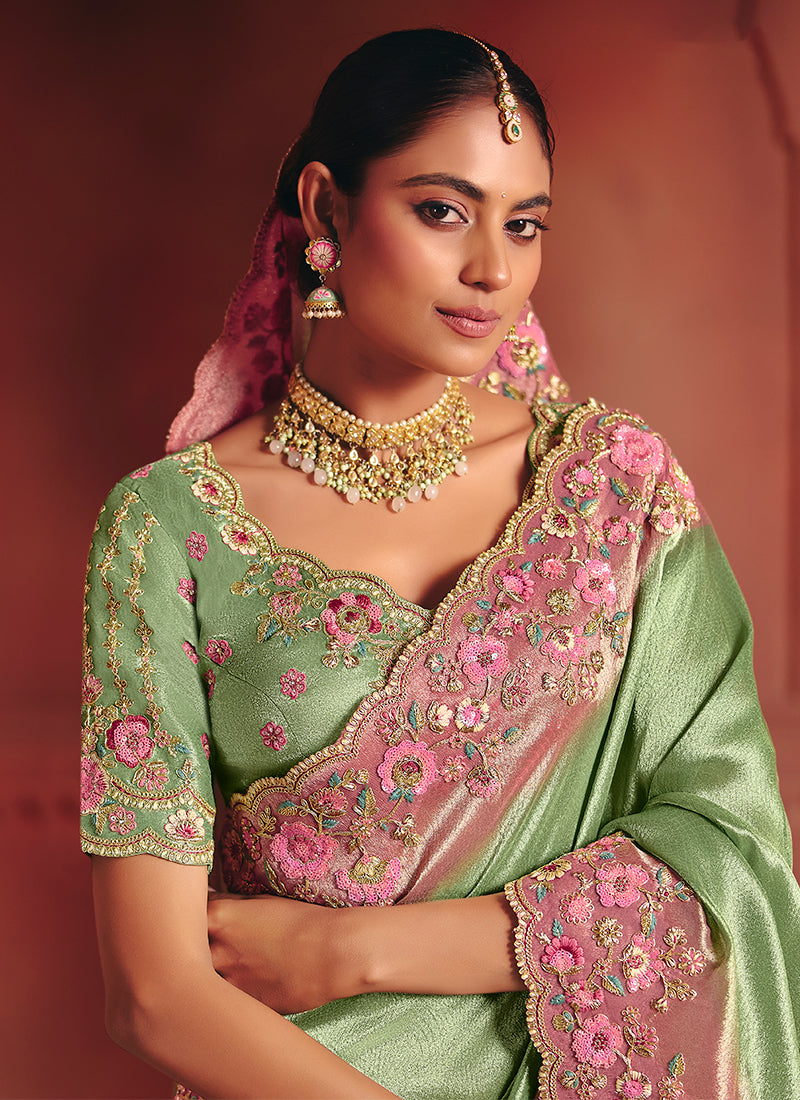 Green & Pink Multi Embroidery Wedding Silk Saree