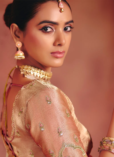 Beige and Peach Multi Embroidery Wedding Silk Saree