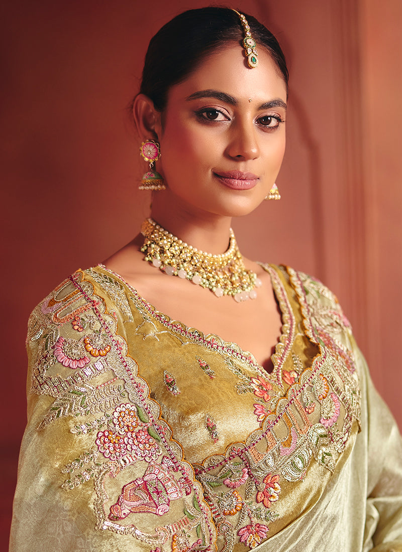 Lime Green and Yellow Multi Embroidery Wedding Silk Saree