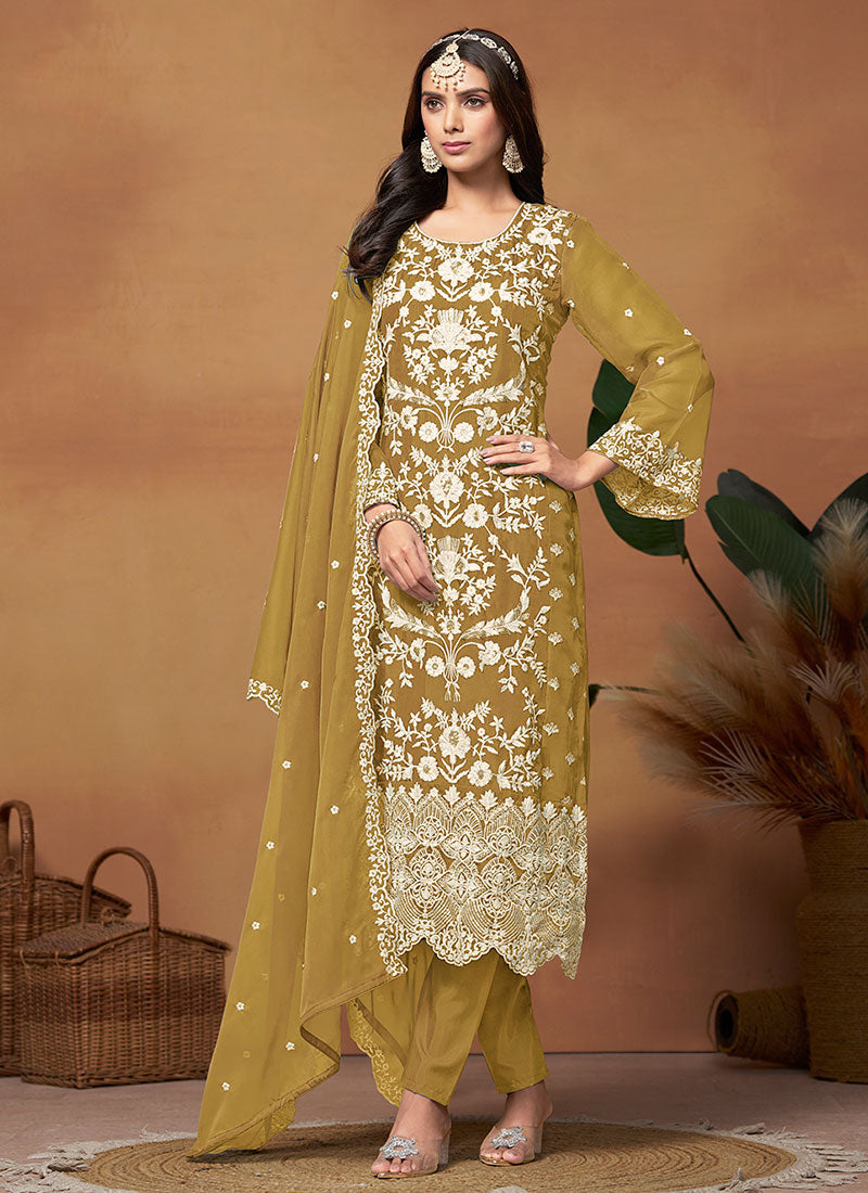 Yellow Thread And Sequence Embroidery Pant Style Salwar Suit